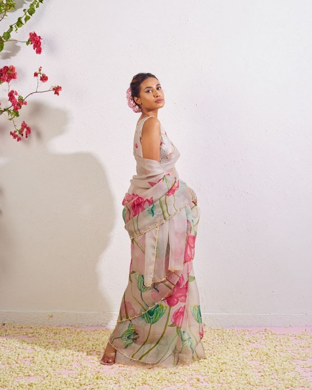 Floral-Printed Organza Saree