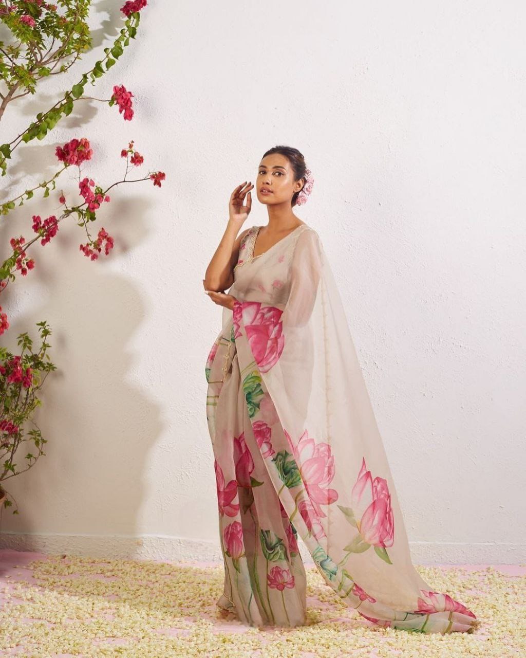 Floral-Printed Organza Saree