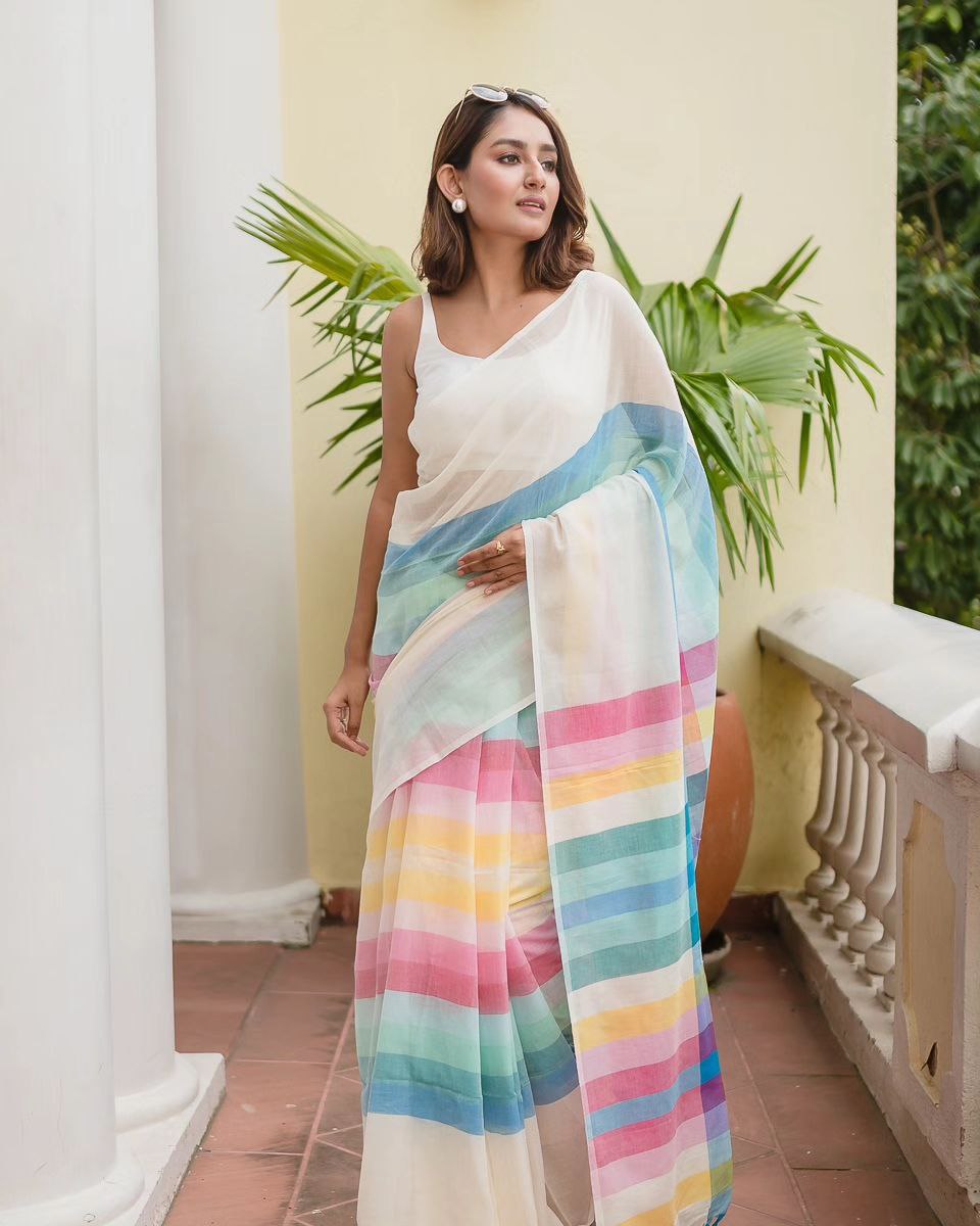 Plain Linen Digital Print Sarees