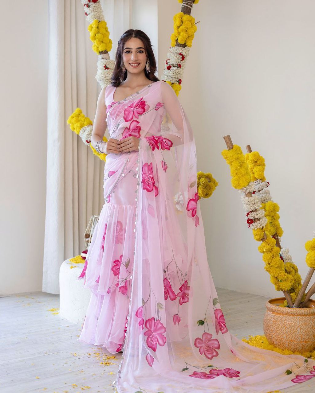 Hit Georgette Ruffle Ready To Wear Saree With Readymade Blouse