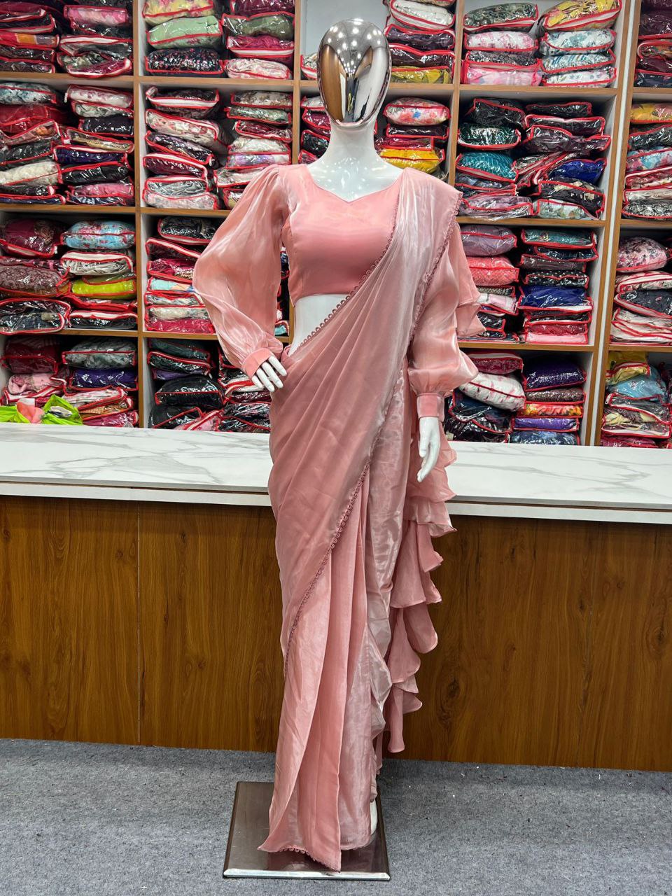 READY TO WEAR PREDRAPPED REAY TO WEAR SAREE WITH FULL STTICHED BLOUSE JIMMY CHOO FABRIC