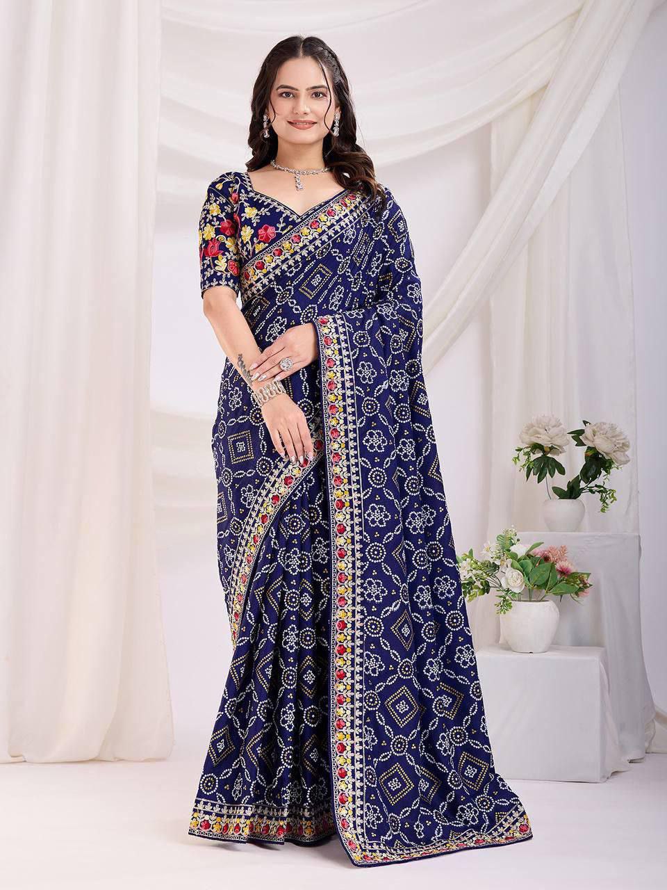 Vichitra silk fabric with C-pallu All Over Embroidery Saree