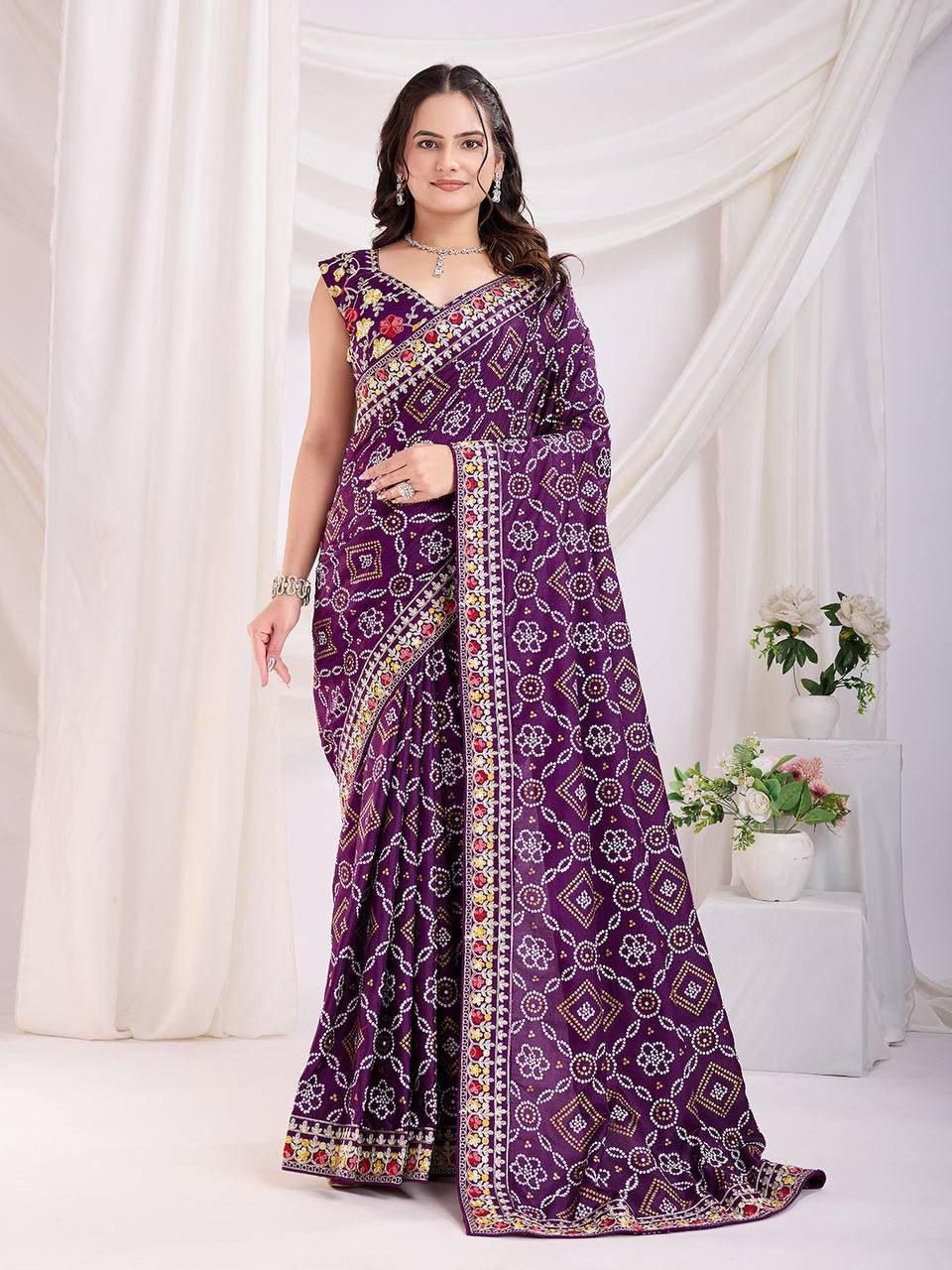 Soft Vichitra silk fabric with C-pallu all-over embroidery saree