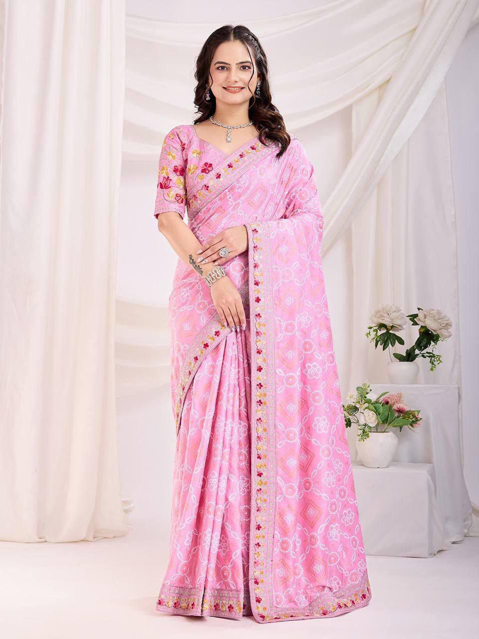 Soft Vichitra silk fabric with C-pallu all-over embroidery  saree