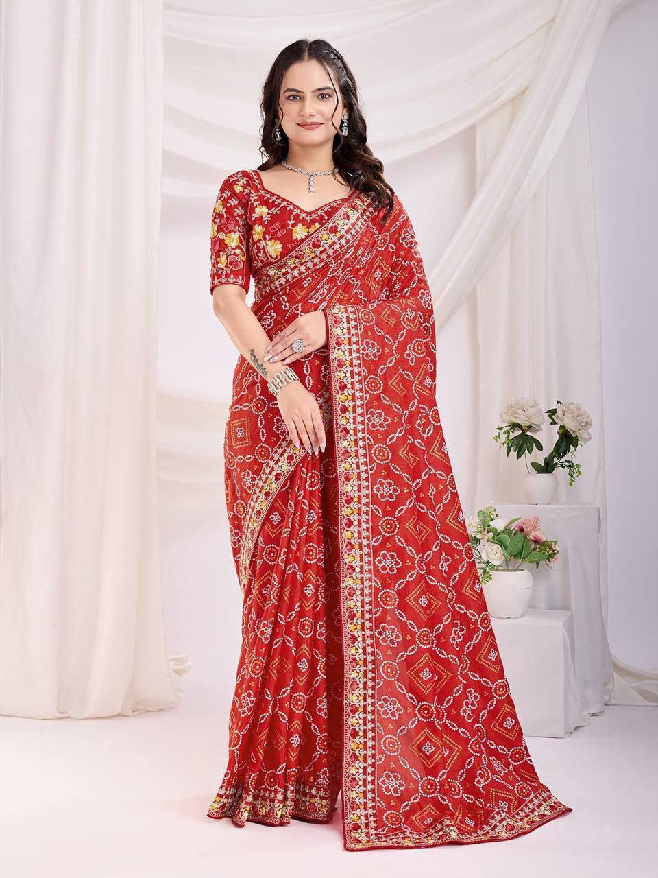 Soft Vichitra silk fabric with C-pallu all-over embroidery saree