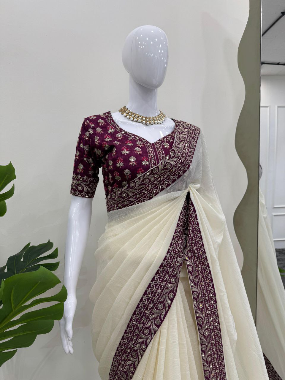 Crunchy Silk Fabric with Thread & Sequence work saree