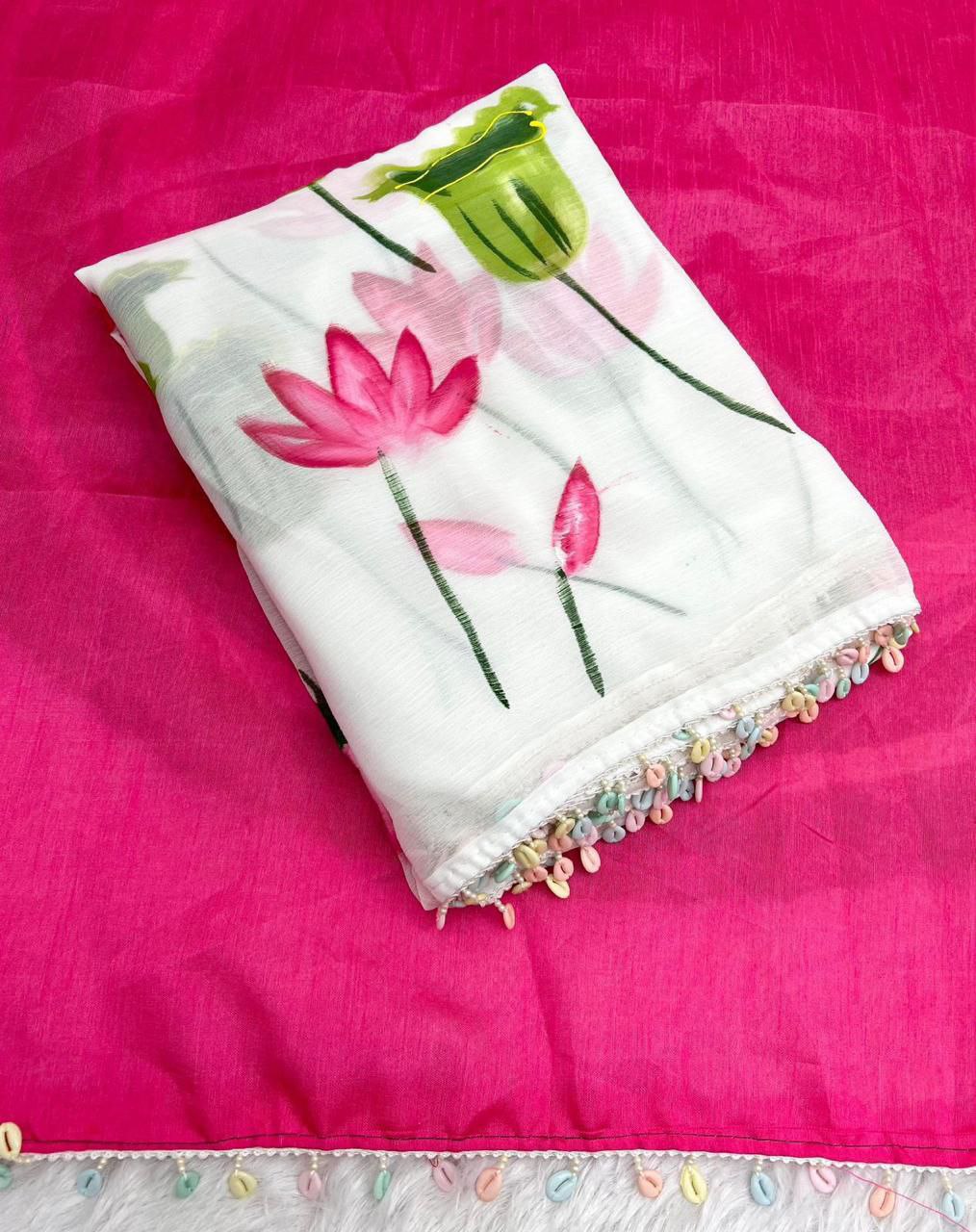 Chiffon Fabric With Beautiful Floral Handbrush Print Saree