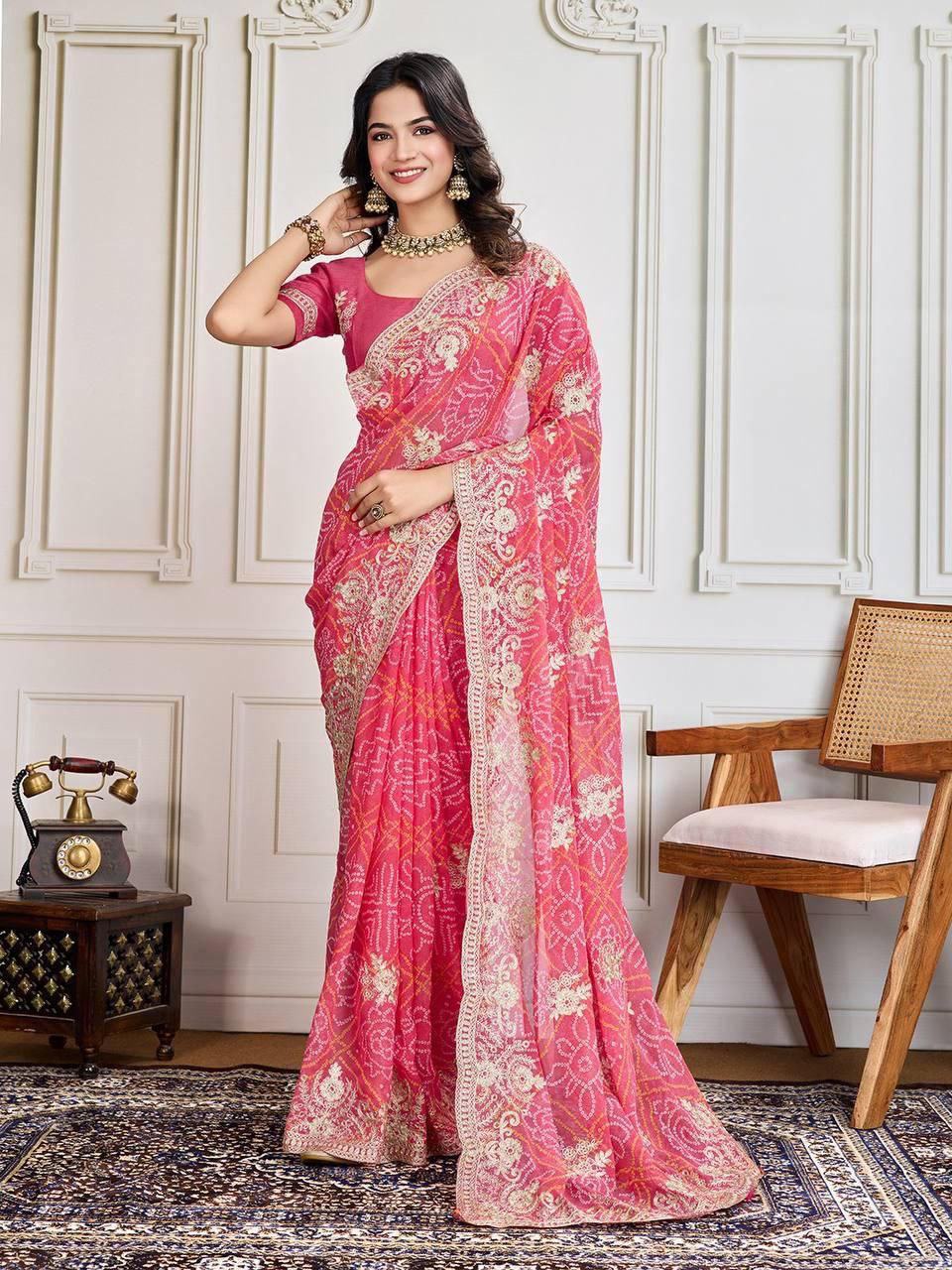 Bandhej Print with Embroidery Work Saree