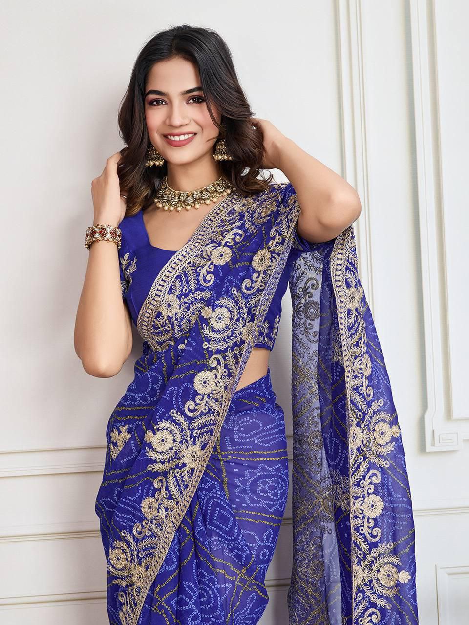 Bandhej Print with Embroidery Work Saree