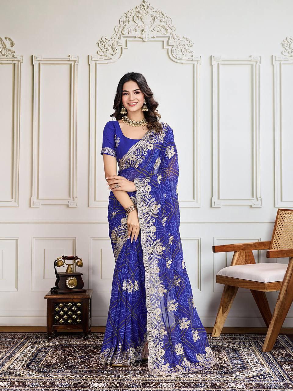 Bandhej Print with Embroidery Work Saree