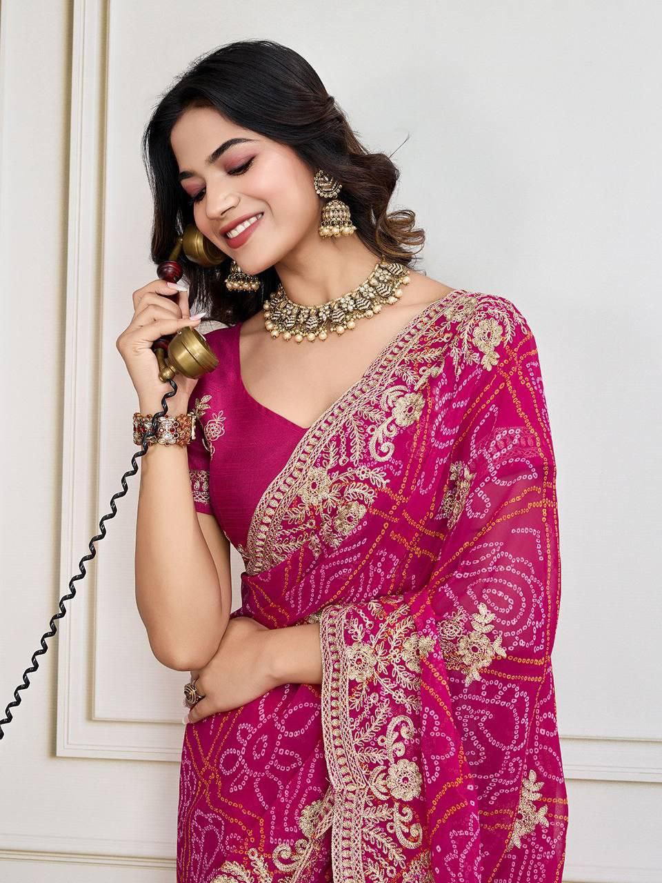 Bandhej Print with Embroidery Work Saree