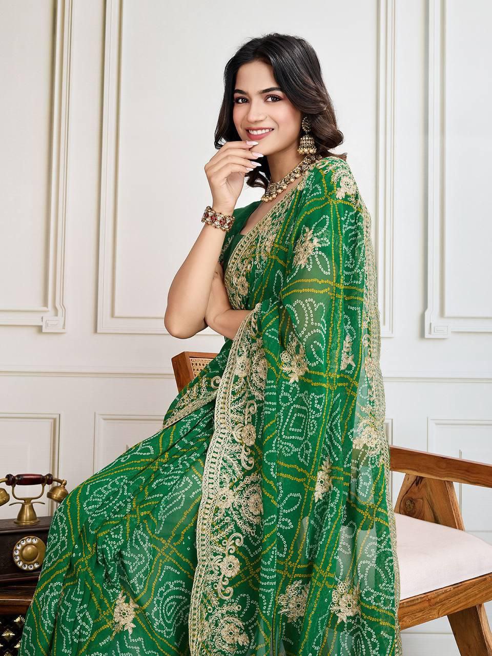 Bandhej Print with Embroidery Work Saree