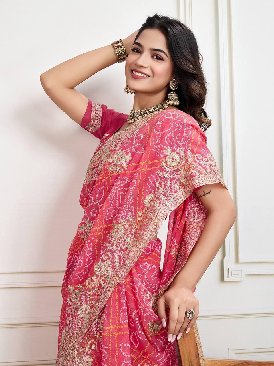 Bandhej Print with Embroidery Work Saree