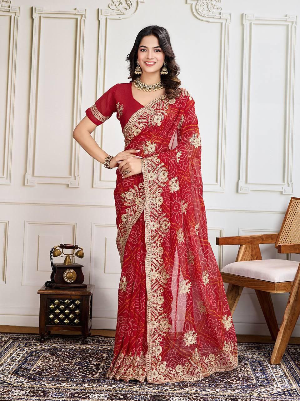 Bandhej Print with Embroidery Work Saree