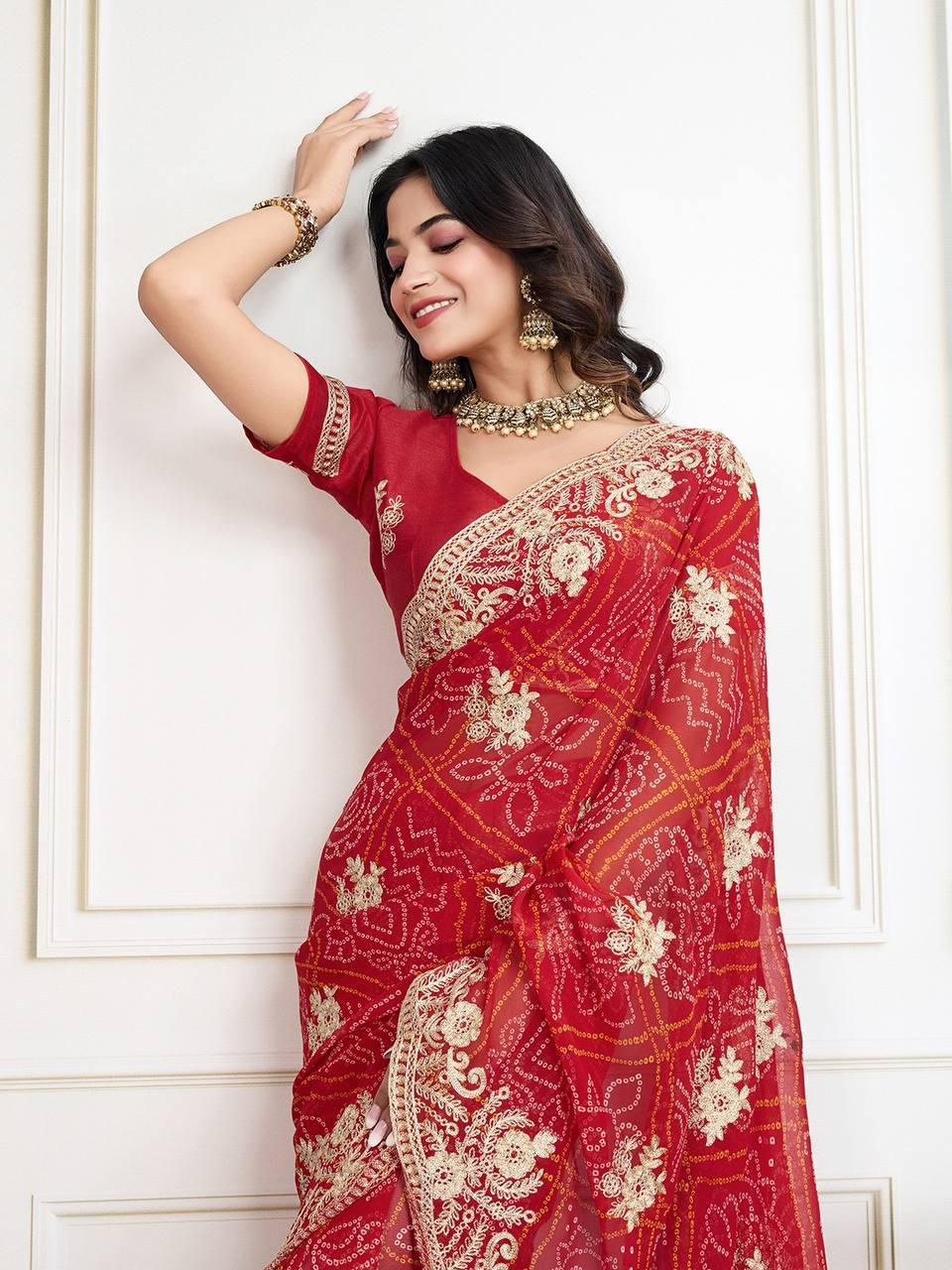 Bandhej Print with Embroidery Work Saree