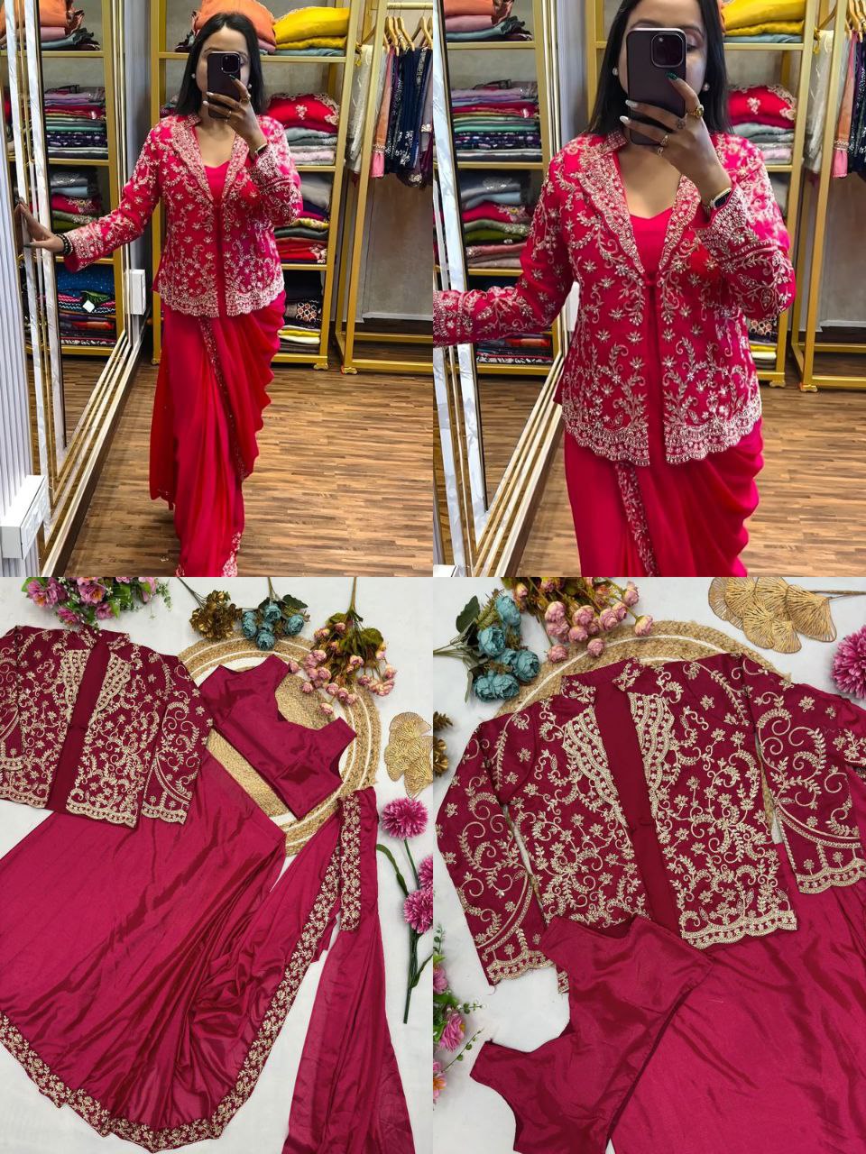 Super Hit Chinnon Silk Jacket Drape Ready To Wear Saree