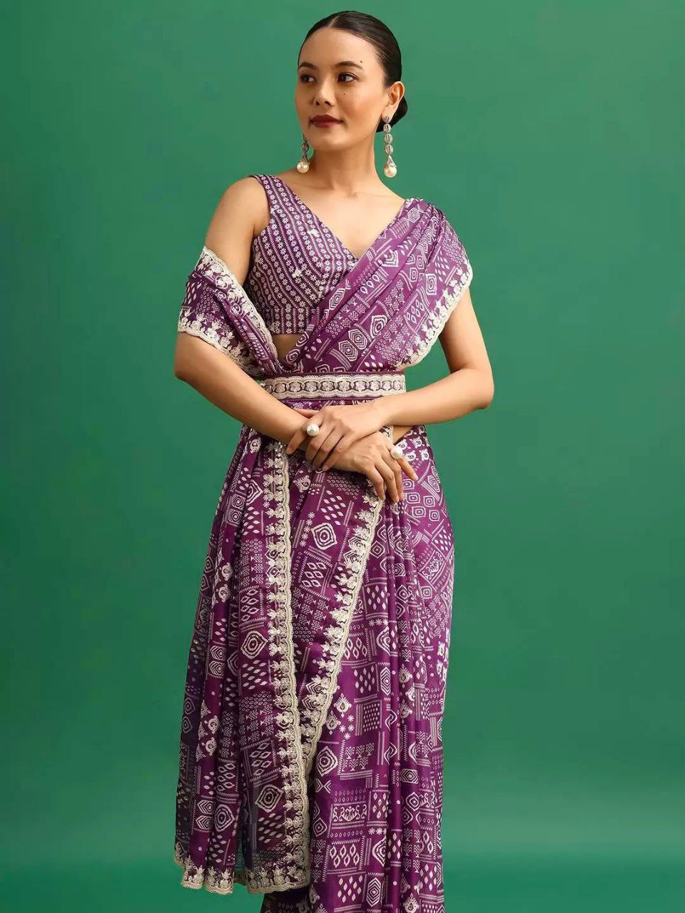 Premium Chinon Silk With Digital Prints & Embroidery Saree