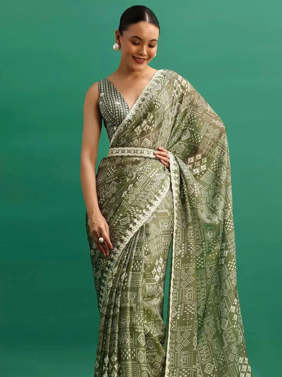 Premium Chinon Silk With Digital Prints & Embroidery Saree