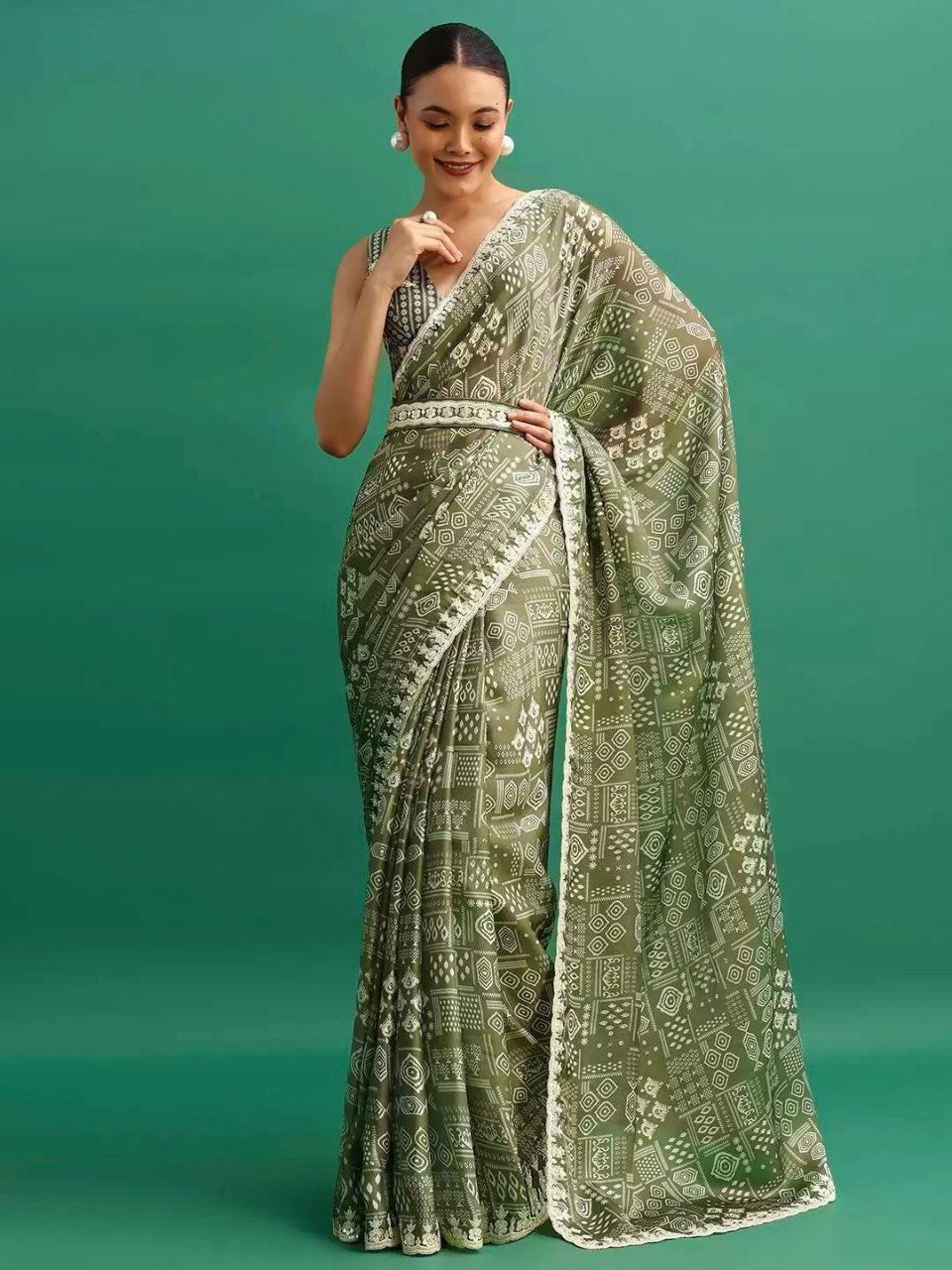 Premium Chinon Silk With Digital Prints & Embroidery Saree