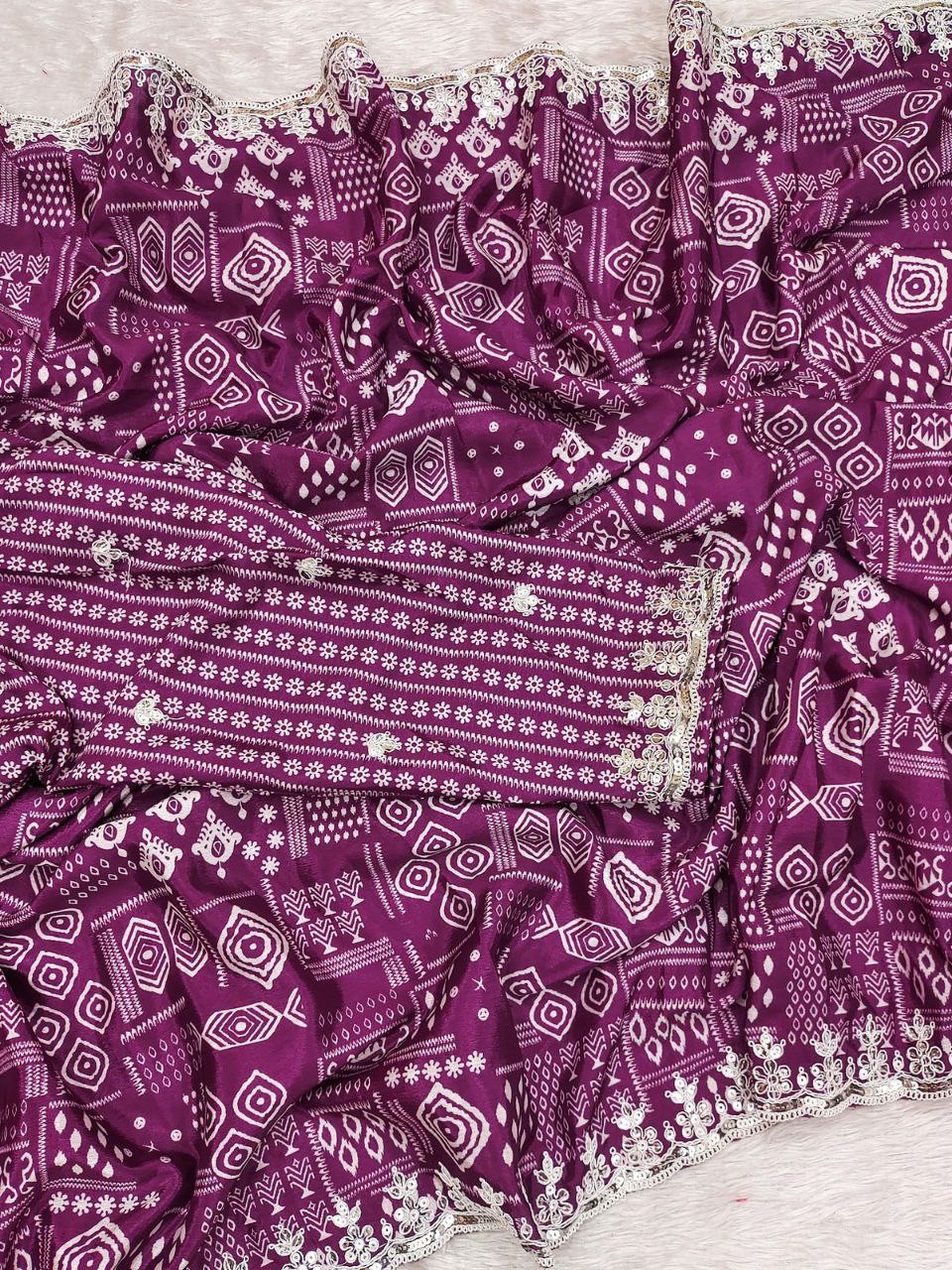 Premium Chinon Silk With Digital Prints & Embroidery Saree